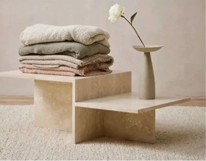 Tostone Modern Travertine Stone Side Table - Elegant Rice White Accent Furniture