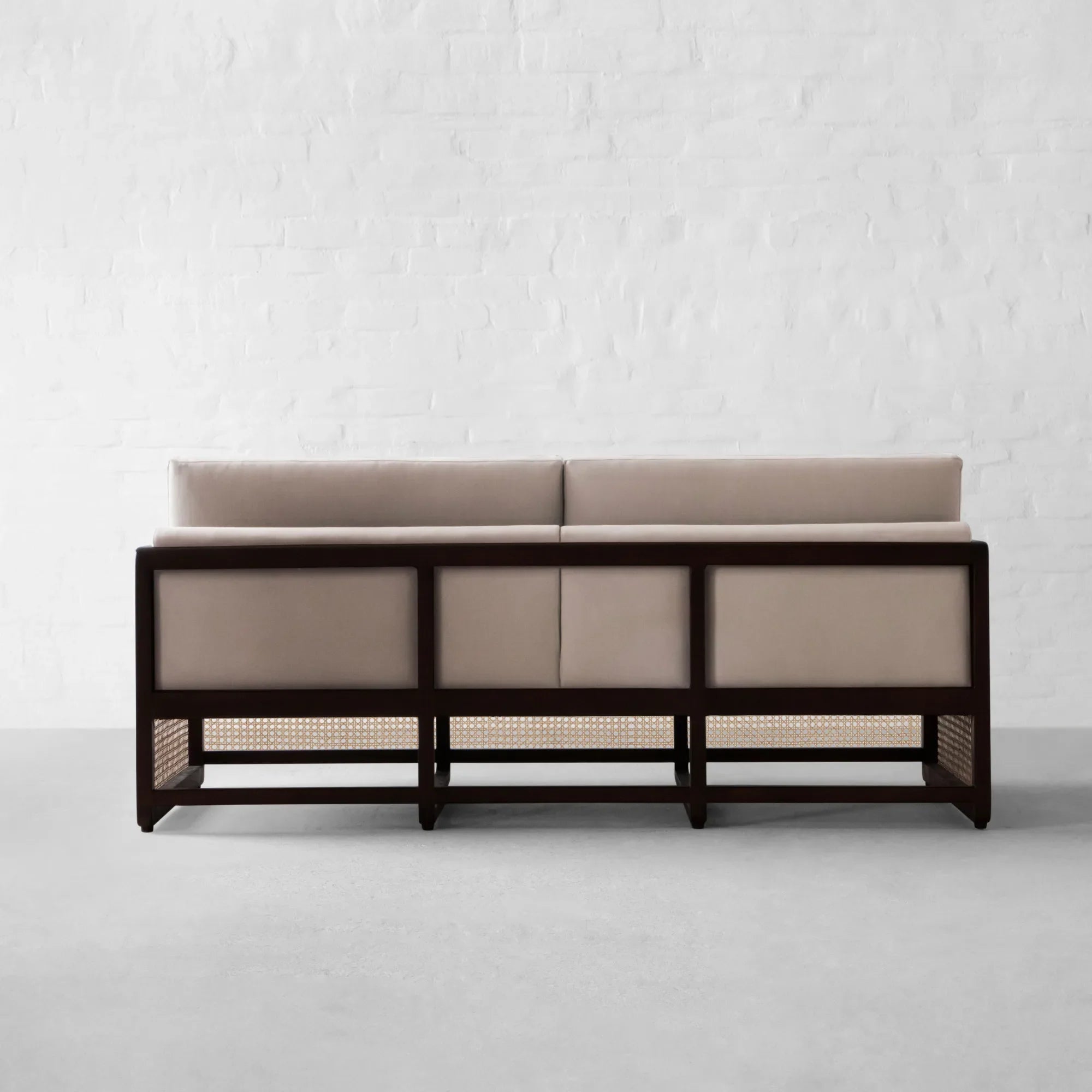 Stylish Rattan Fabric Sofa - Solid Oak Wood Slat Frame Modern Couch