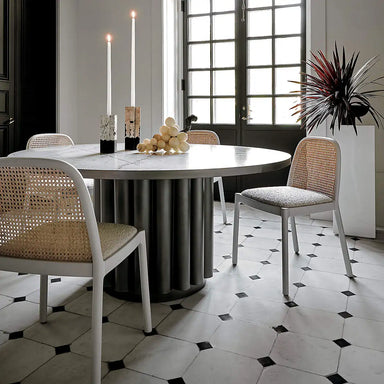 Chic Solid Oak Wood Rattan Armless Dining Chair with Boucle Seat