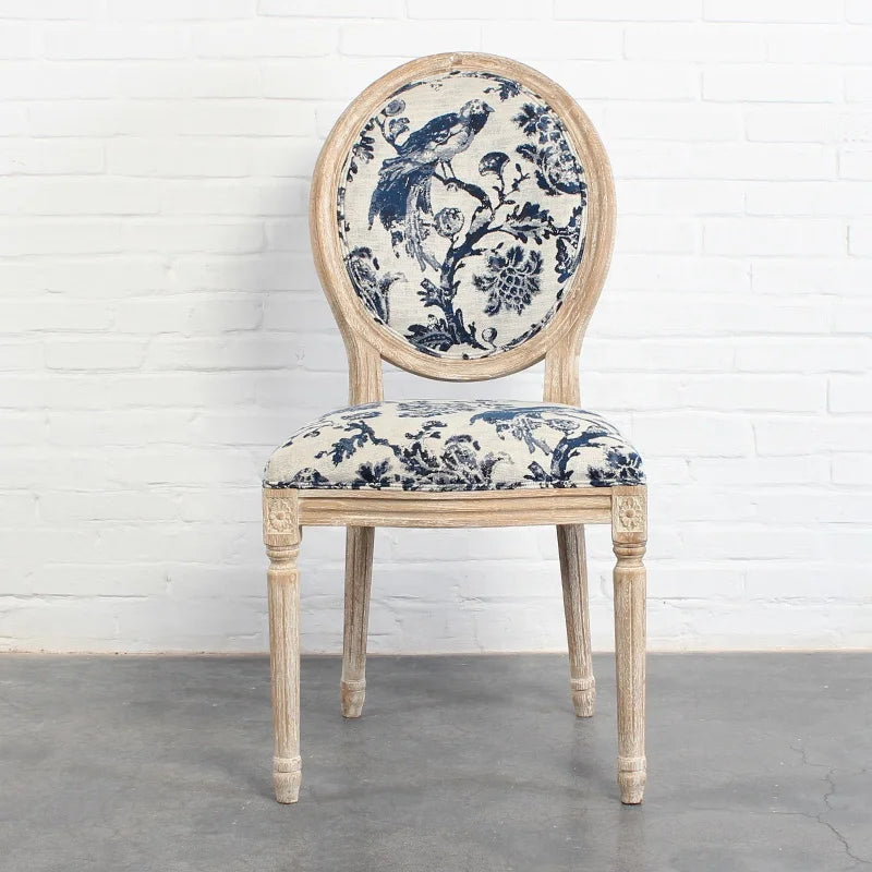 French Style Louis Round Back Linen Upholstered Solid Oak Dining Chair