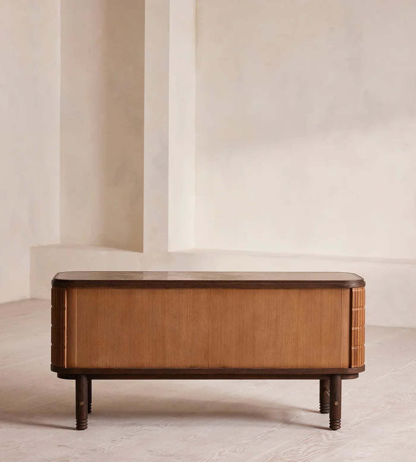 Elegant Antique Marble Top Sideboard Buffet Cabinet with Fluted Slide Doors