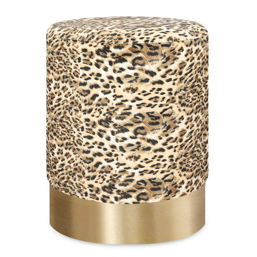 Modern Leopard Print Velvet Ottoman, Brass Base Luxury Pouf, Round Boucle Footrest Stool