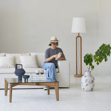 Chic Japandi Wabi-Sabi Square Glass Coffee Table with Recycled Elm Base