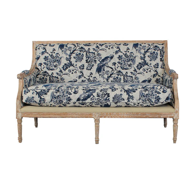 Chic French Solid Oak 2-Seat Upholstered Linen Sofa for Events & Home