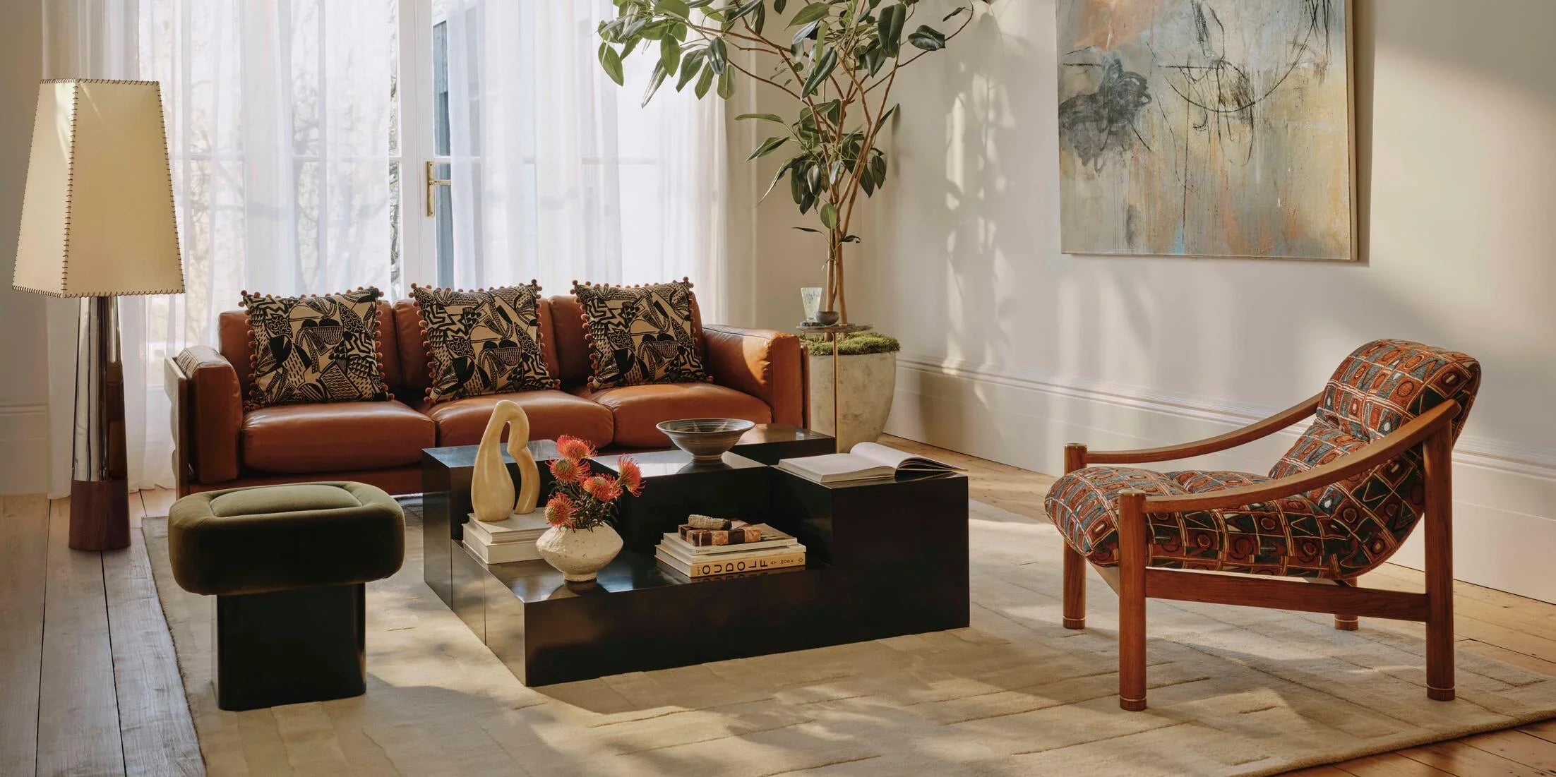 Luxury Italian Genuine Leather Three-Seater Sofa Couch Set for Living Room