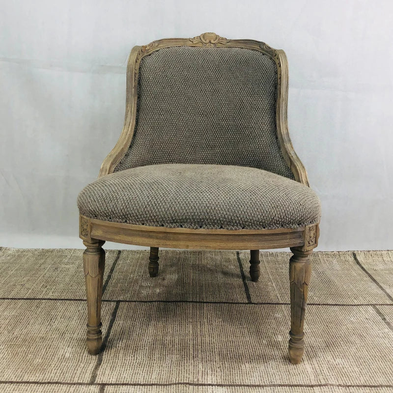 Elegant French Vintage Linen Upholstered Carved Solid Oak Dining Chair