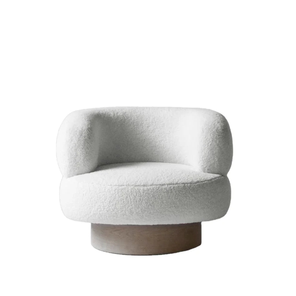 Luxurious White Fleece Swivel Accent Chair Modern Wooden Base Living Room