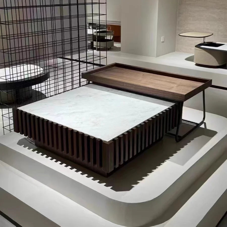 Modern Marble Top Coffee Table or Walnut Wood Rectangular Side Table