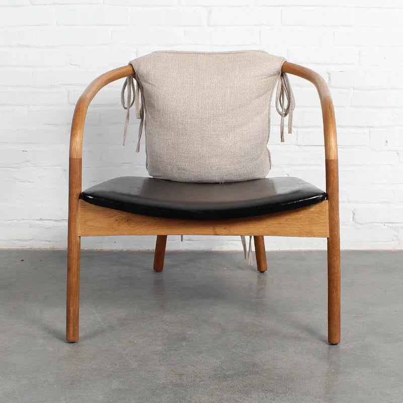 Premium Retro Solid Oak Frame Leather Lounge Chair with Upholstered Back