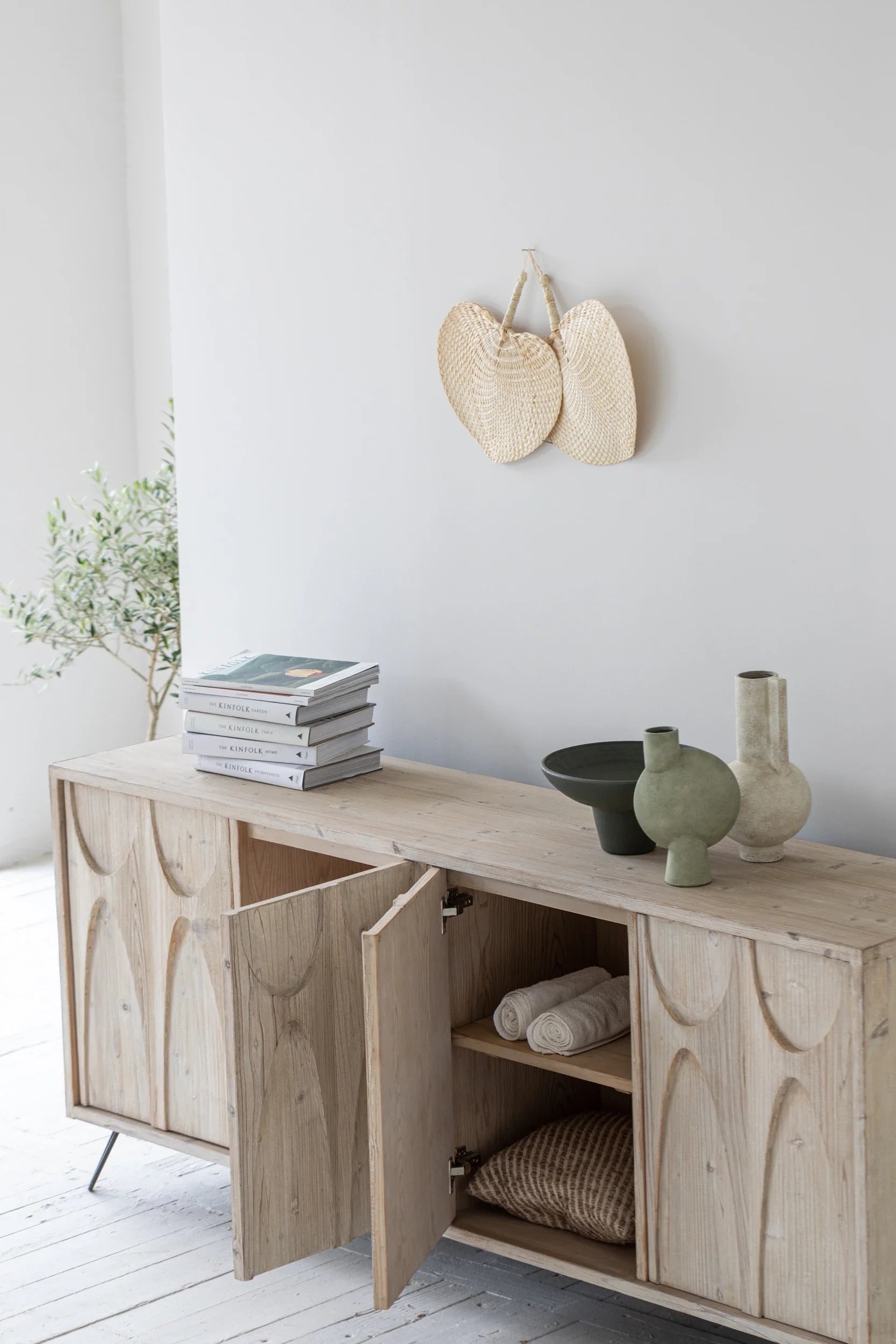 Elegant Japandi French Louis Recycled Pine Sideboard Cabinet for Living Room