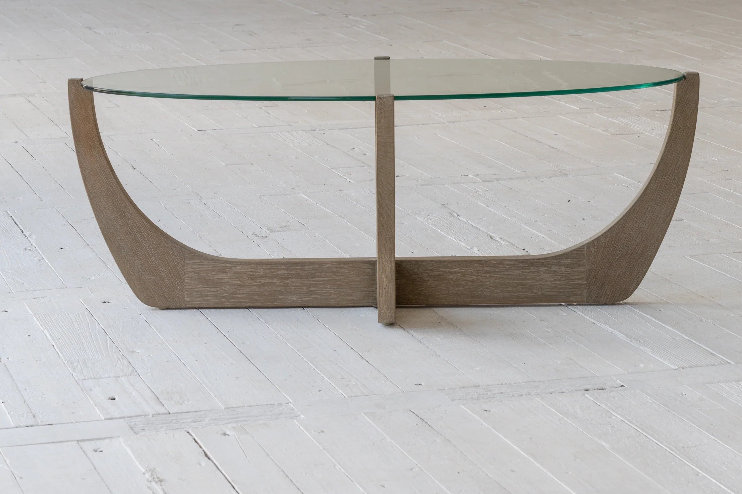 Elegant Oak Japandi Wabi-Sabi Coffee Table with Tempered Glass Top