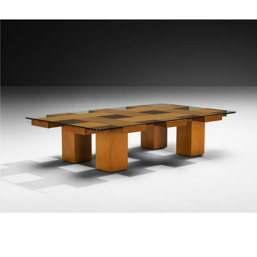 Elegant Mid-Century Walnut Wood Rectangular Glass Top Hotel Coffee Table