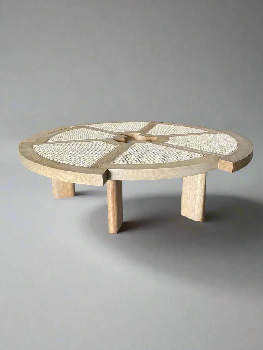 Chic Rattan & Oak Coffee Table - 6 Cane Inset Segments, Modern Living Room Centerpiece