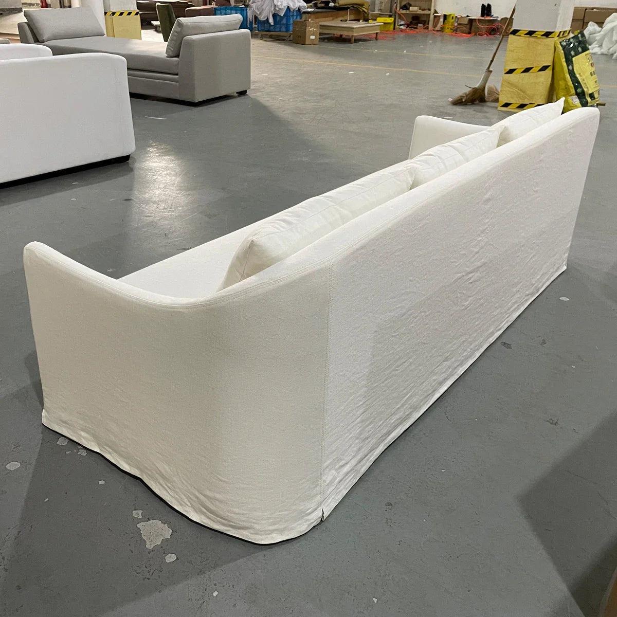 Modern White Linen Upholstered 3-Seater Sofa Couch with Solid Wood Frame