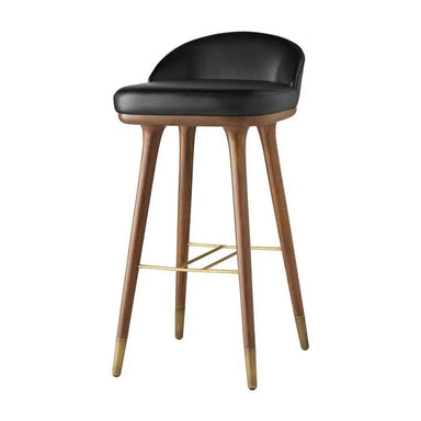 Luxurious Vintage Wood Barstool with Black Leather Backrest & Counter Height Seat