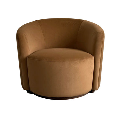 Modern Brown Velvet Swivel Barrel Chair with Curved Back Design