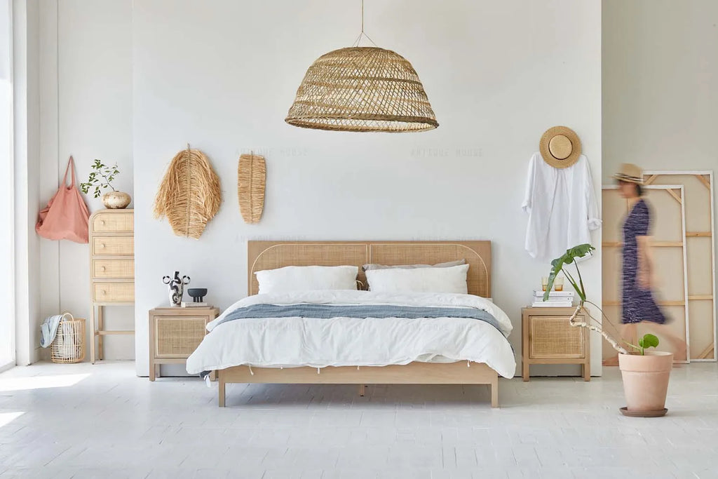 Rustic Boho Oak Rattan Wooden Double Bed Frame for Organic Bedroom Furniture