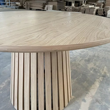 Modern Round Oak Wood Dining Table, Slatted Base, Event Ready, Natural Color