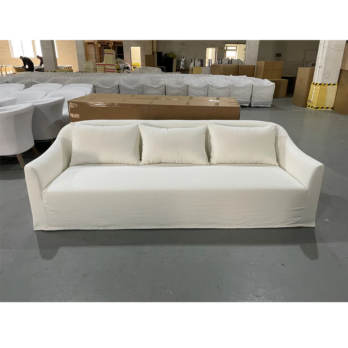 Modern White Linen Upholstered 3-Seater Sofa Couch with Solid Wood Frame