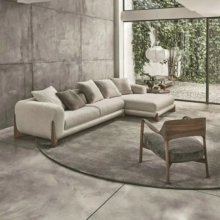 Modern Boucle Fabric Three-Seater Sofa with Chaise Lounge, Solid Wood Frame