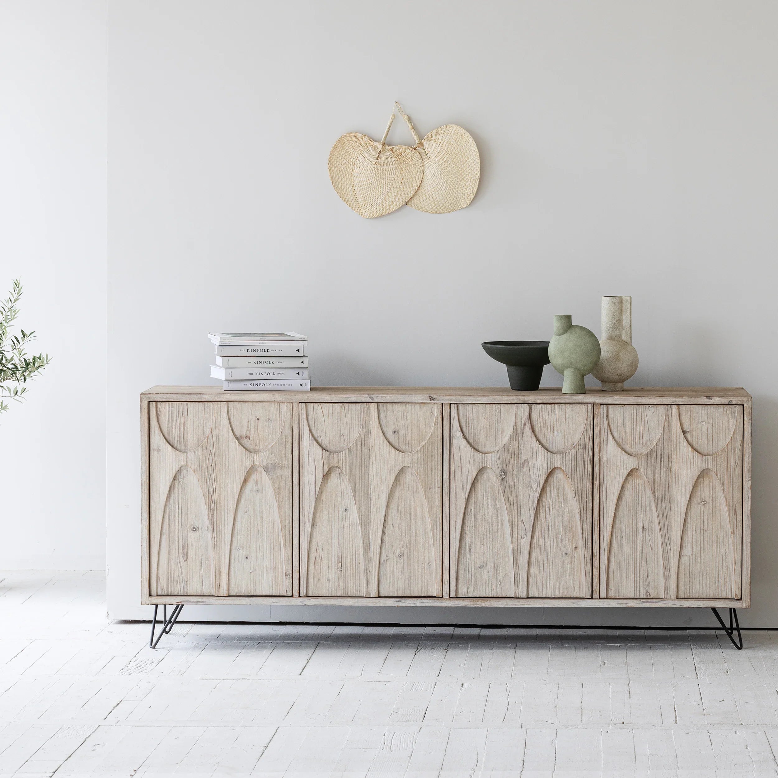 Elegant Japandi French Louis Recycled Pine Sideboard Cabinet for Living Room
