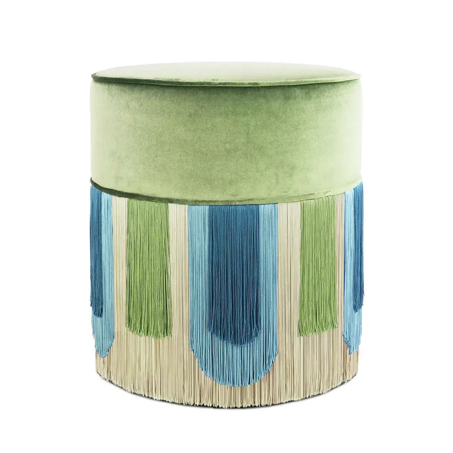 Elegant Velvet Round Ottoman Footstool with Tassels, Chic Fringed Pouf