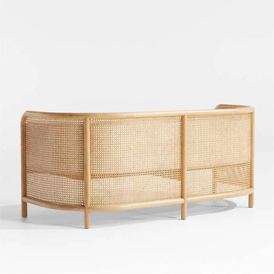Elegant Rattan Cane Settee Sofa, White Cushion, Solid Oak Wood Frame
