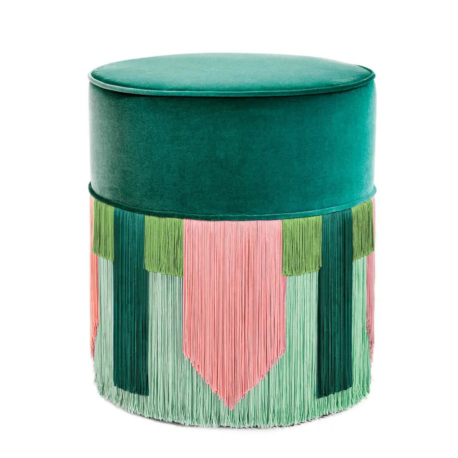 Elegant Velvet Round Ottoman Footstool with Tassels, Chic Fringed Pouf