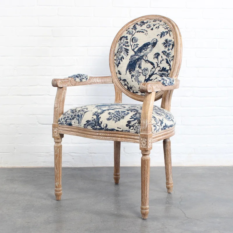 Elegant French Louis Arm Chair: Linen Upholstered, Solid Oak Wood, Antique Style