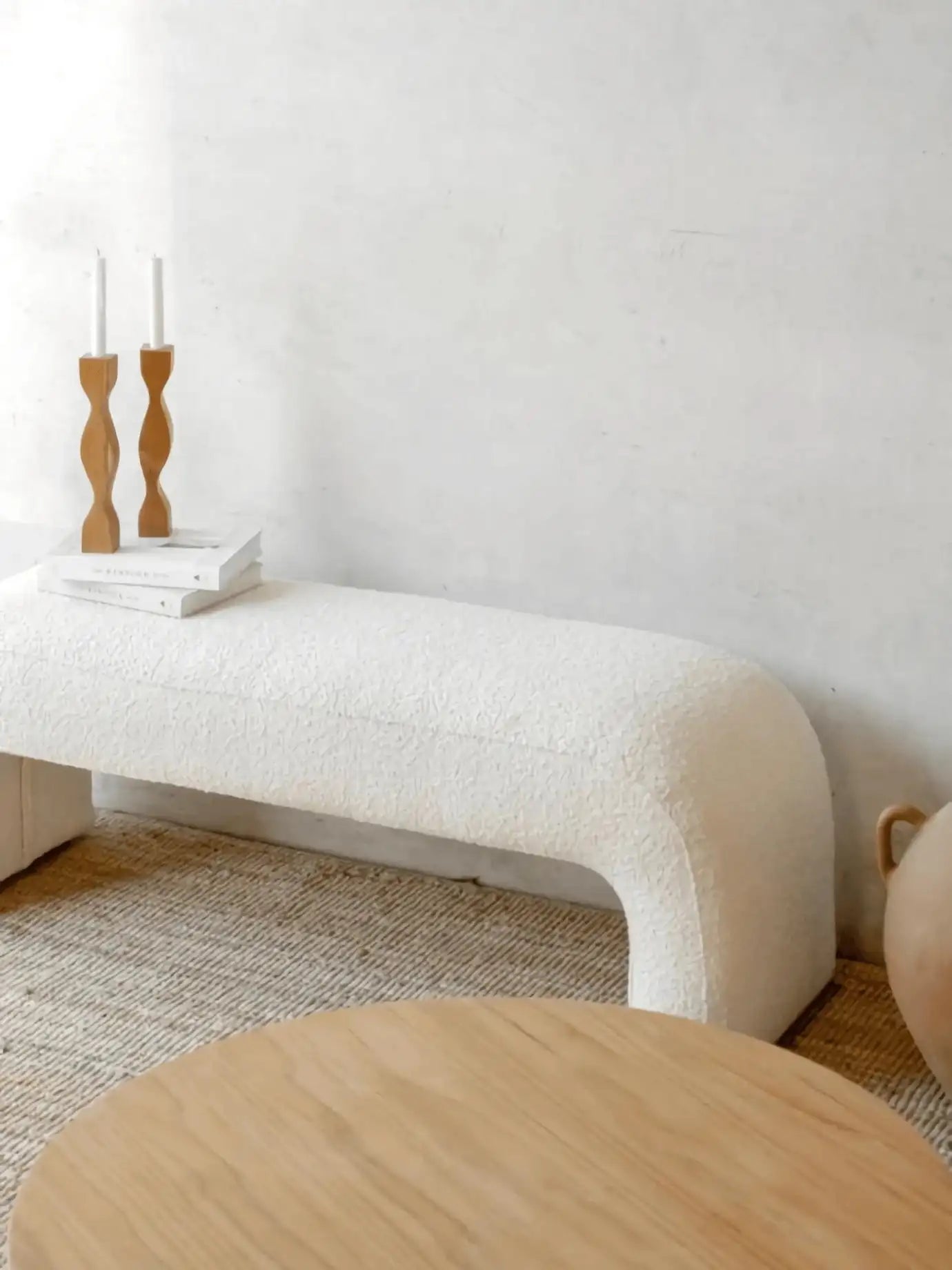 Luxurious Boucle Accent Bench: Arch Design, Wood Frame for Bedroom & Entryway