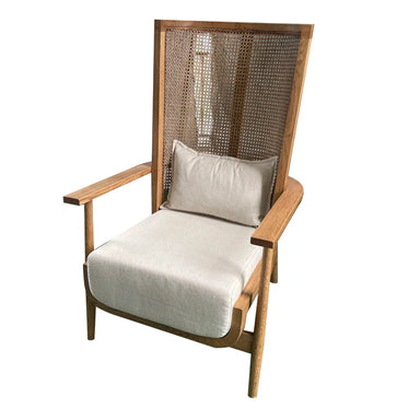 Elegant High Back Rattan Cane Solid Oak Wood Linen Seat Accent Chair