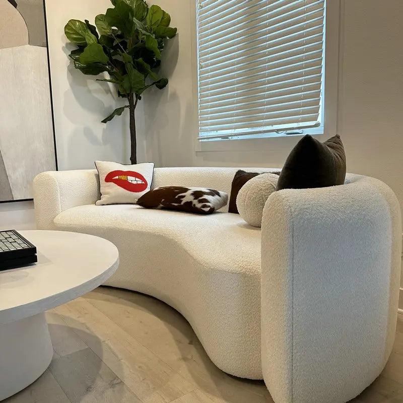 Modern Curved Boucle White Sofa Luxurious Velvet Living Room Accent Couch