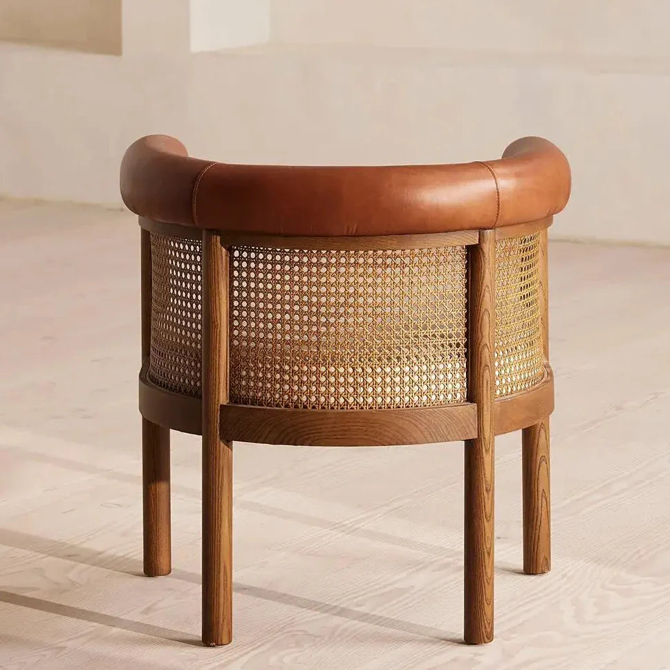 Nordic Solid Oak Dining Chair with Cane Back and Leather Armrest