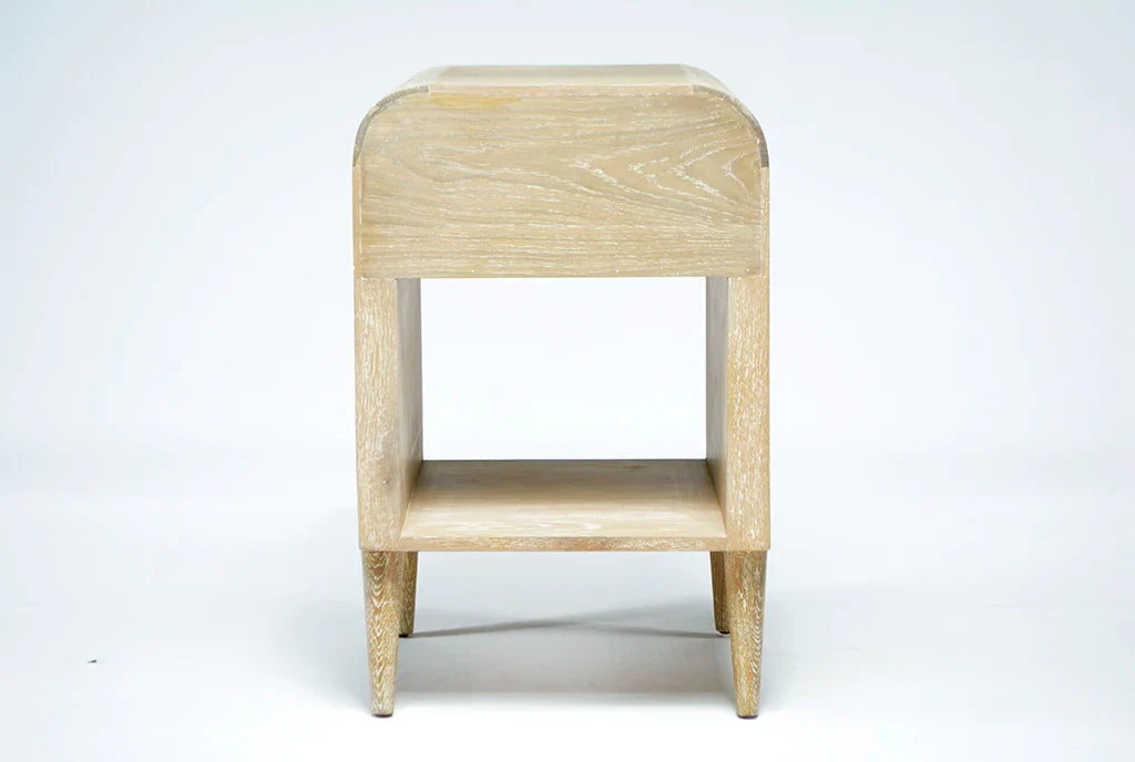 Elegant Cerused Oak Bedside Table: Rounded Frame, Tapered Legs, Single Drawer Nightstand