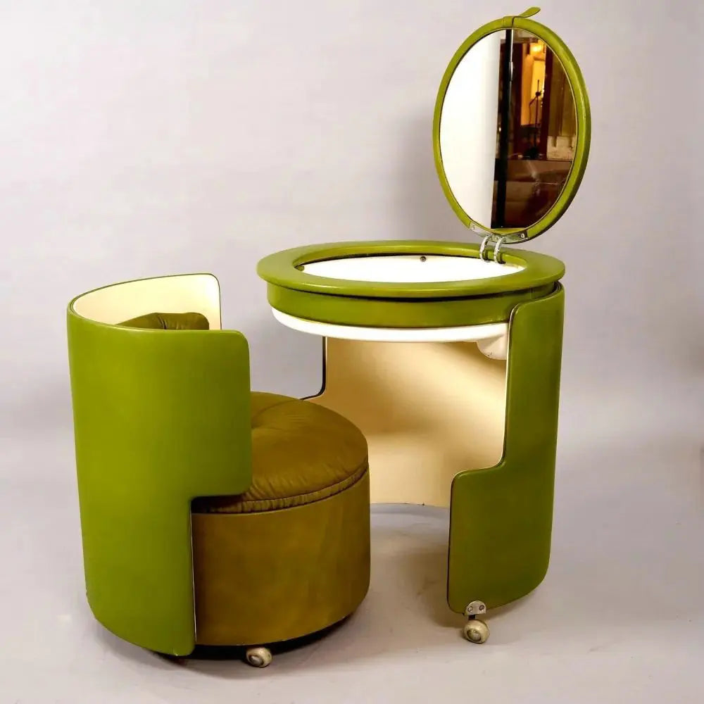 Mid-Century Modern Green Vanity Set with Lighted Mirror and Stool
