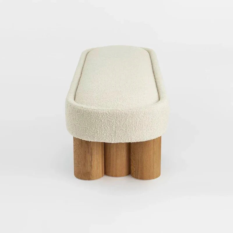 Chic Nordic White Boucle Upholstered Oak Wood Leg Ottoman Bench