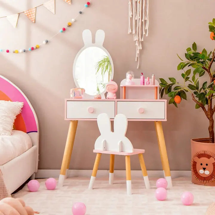 Kids Wooden Vanity Dressing Table & Chair Set with Mirror for Play