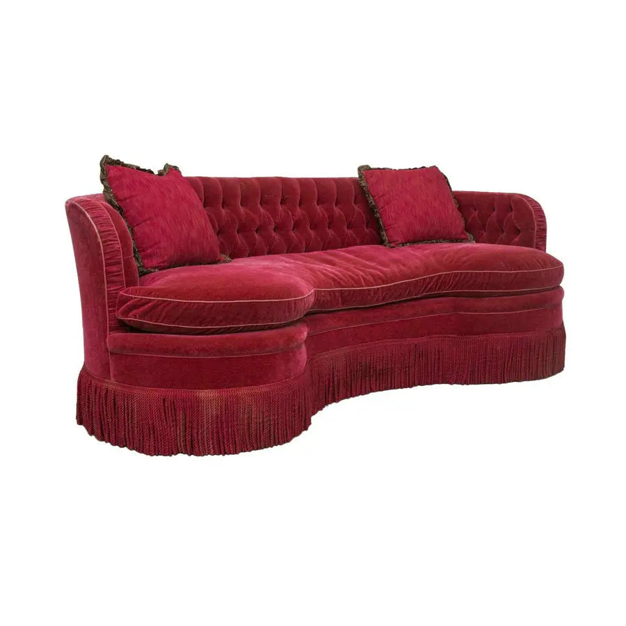 Opulent French Empire Red Velvet Tufted Fringed Grand Living Room Sofa