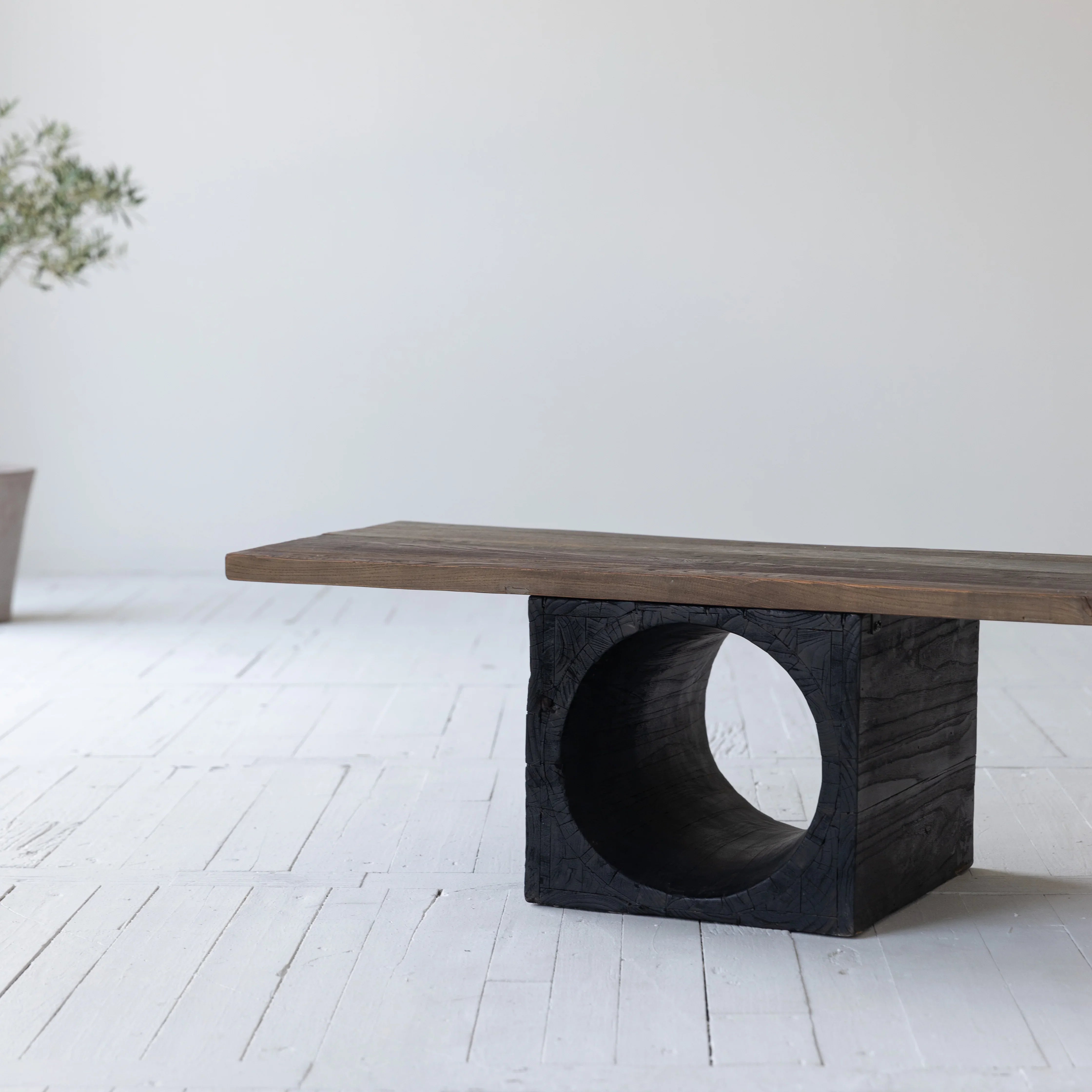 Elegant Mid-Century Arc Deco Recycled Elm Wood Coffee Table, Natural Top
