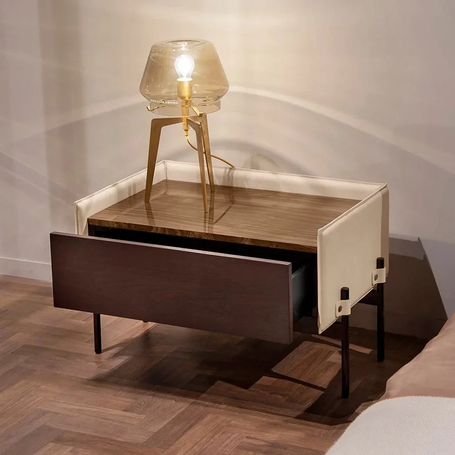 Modern Italian Luxury Stainless Steel Saddle Leather Rectangular Nightstand Table