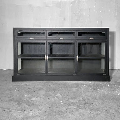Elegant Black Oak Wood Sideboard: Glass Doors, Versatile Living Room Storage