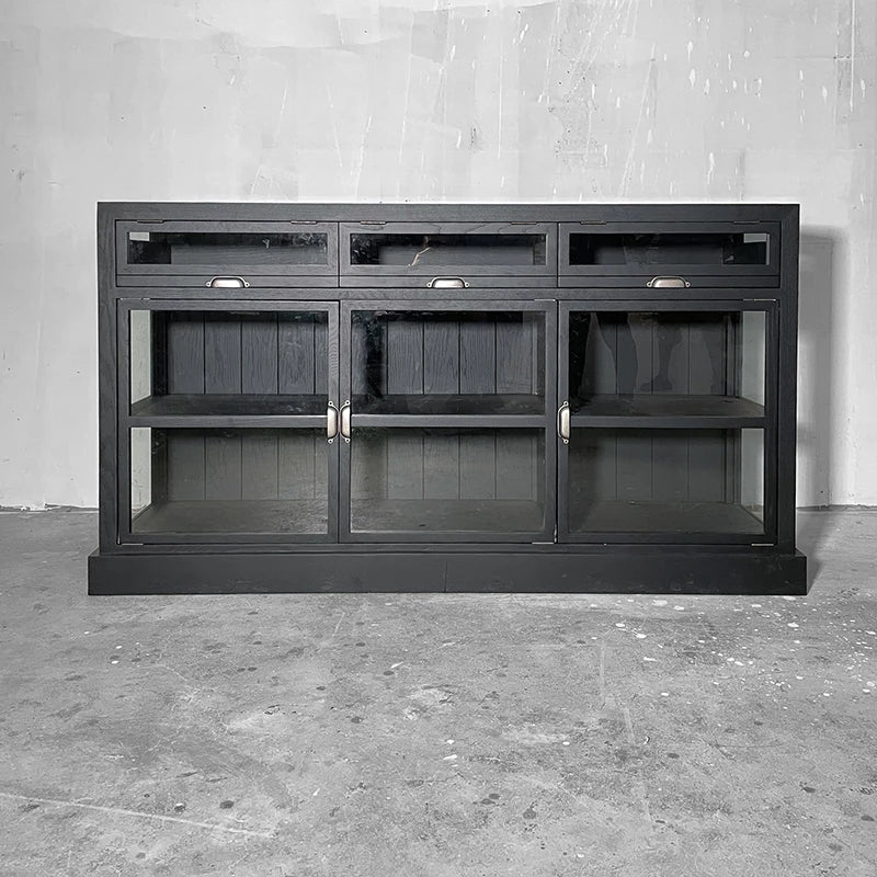 Elegant Black Oak Wood Sideboard: Glass Doors, Versatile Living Room Storage