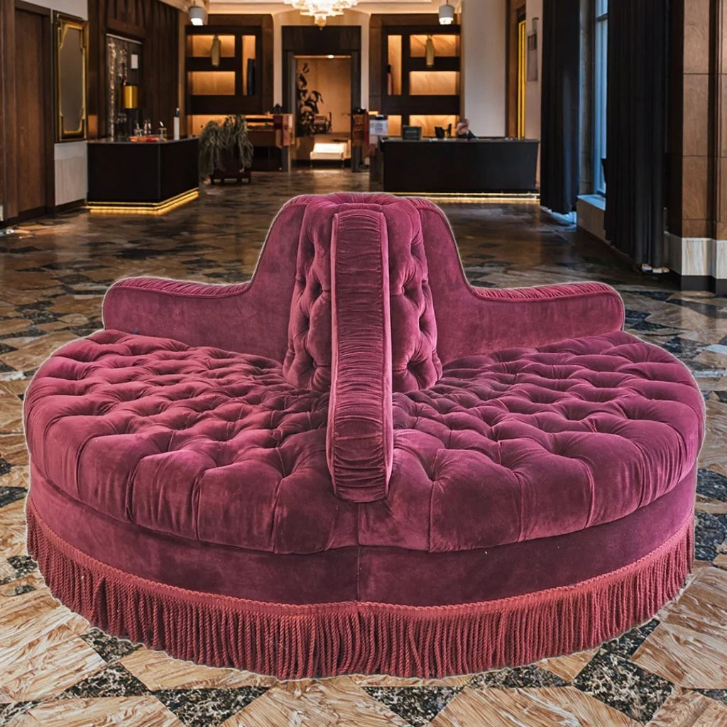 Luxurious Red Velvet Button Tufted Round Conversation Sofa with Tassels Fringes