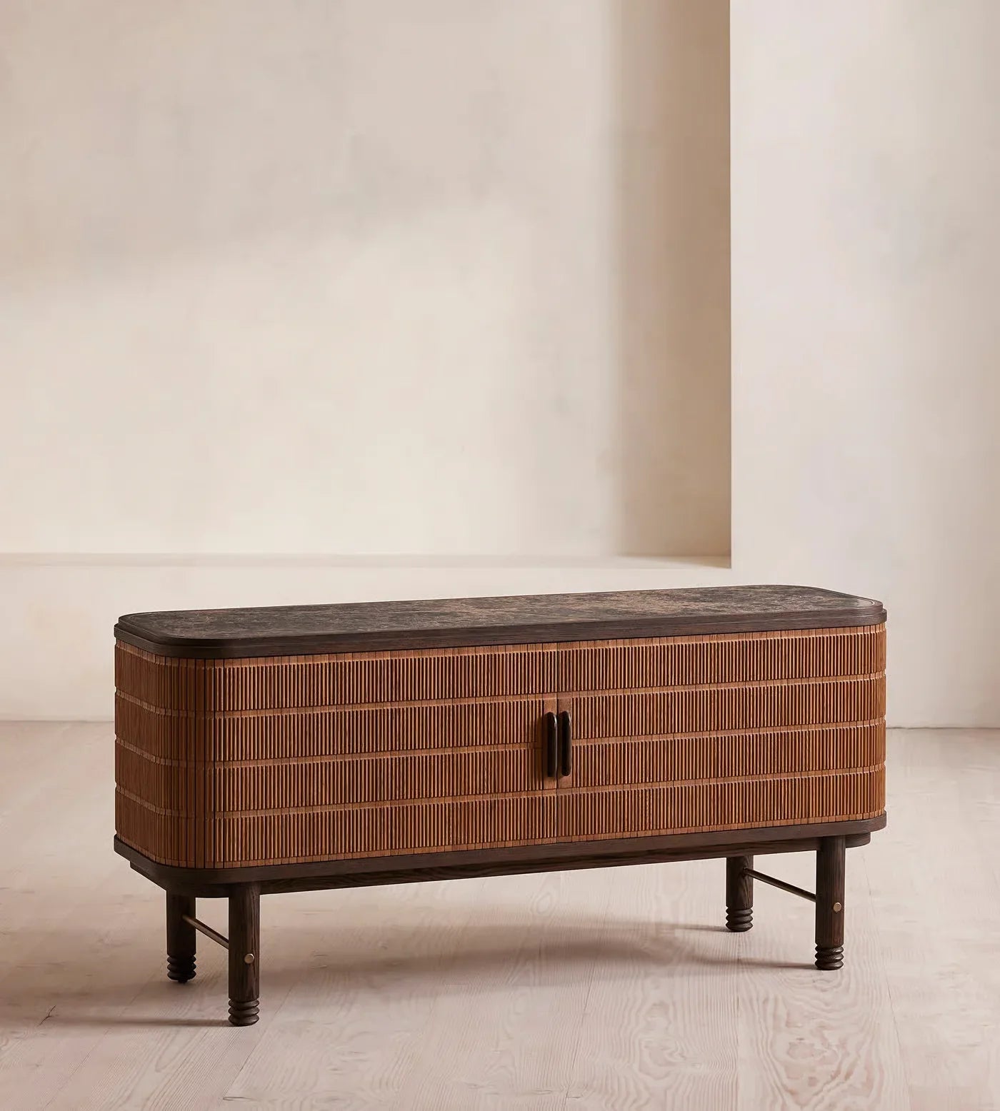 Elegant Antique Marble Top Sideboard Buffet Cabinet with Fluted Slide Doors