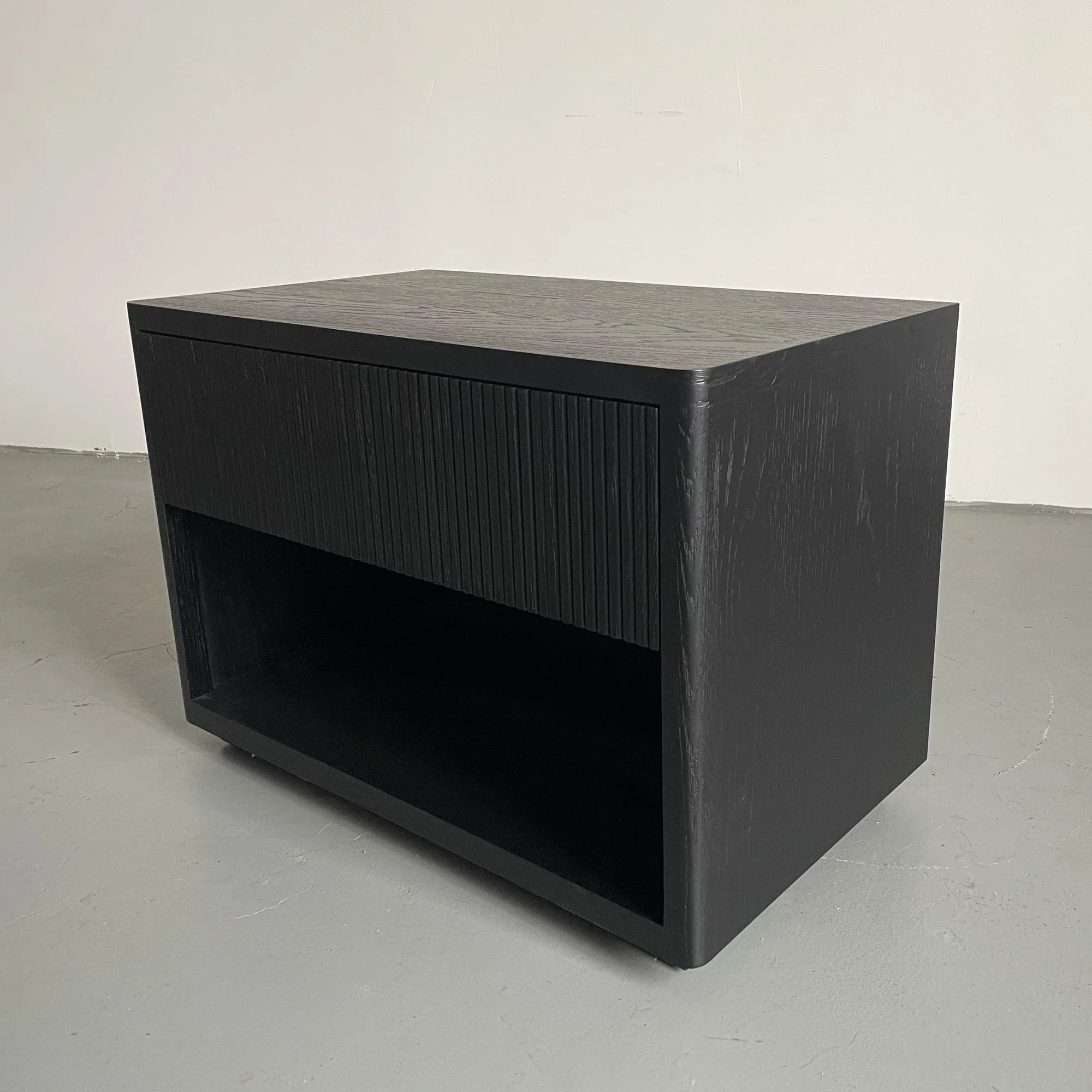 Modern Black Oak Fluted Barrel Nightstand with Drawer for Bedroom Storage