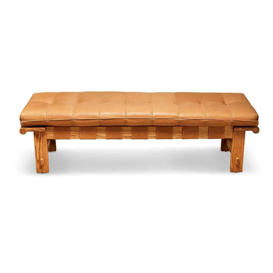 Vintage Tan Leather Upholstered Ottoman for Entryway, Bedroom, Dining Bench