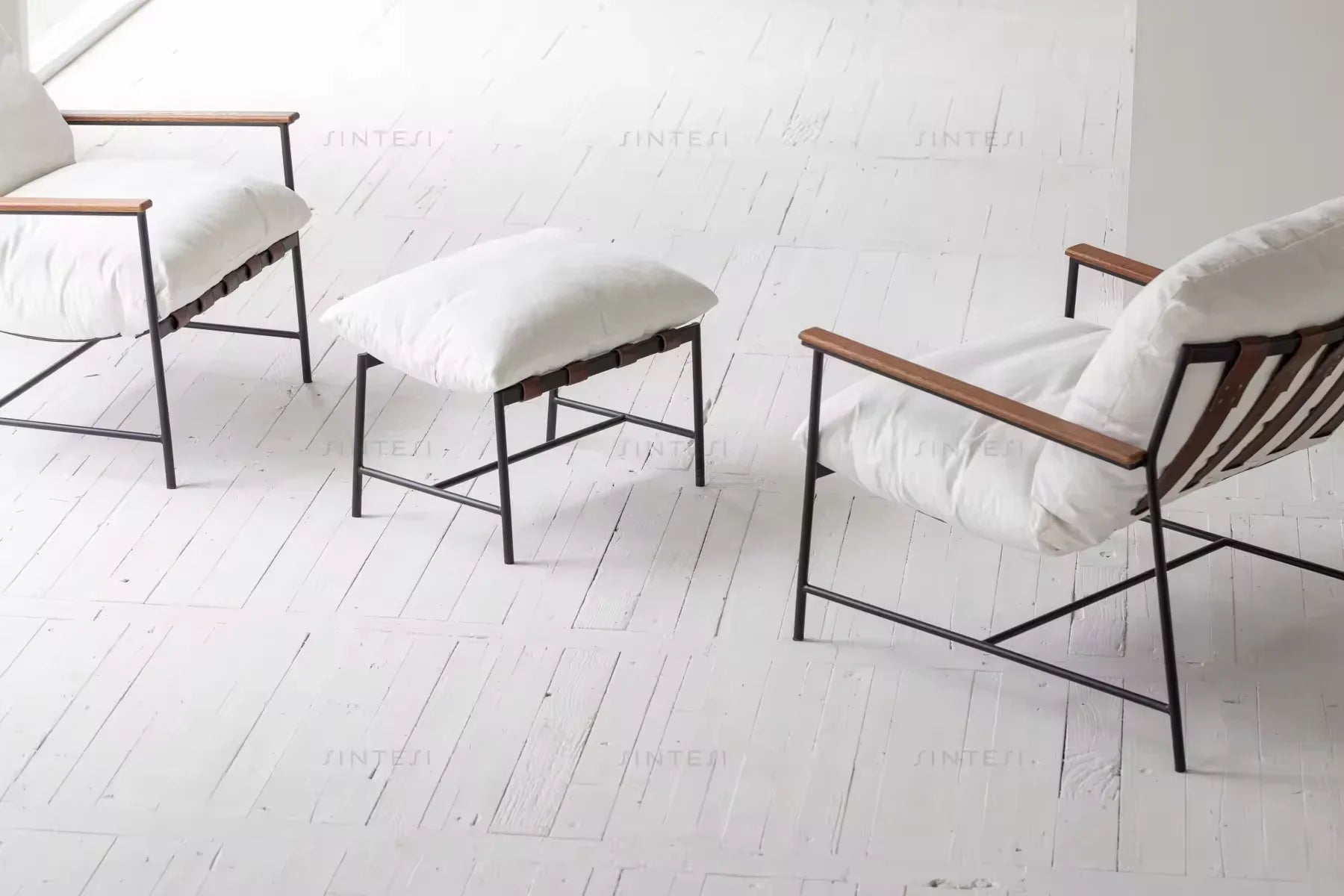 Modern Scandinavian Steel Fabric Lounge Chair with White Cushion Ottoman for Living Room