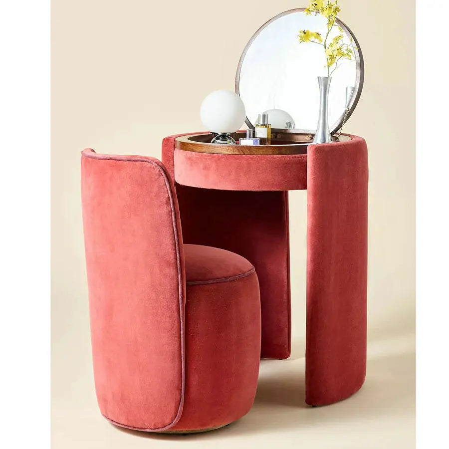 Elegant Upholstered Vintage Makeup Vanity Desk with Foldable Mirror and Stool Set