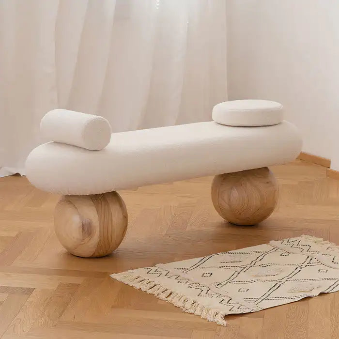 Luxury Boucle Upholstered End of Bed Wooden Bench Ottoman Seat