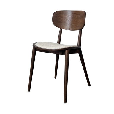 Contemporary Solid Oak Walnut Finish Dining Chair with Plush Boucle Upholstery